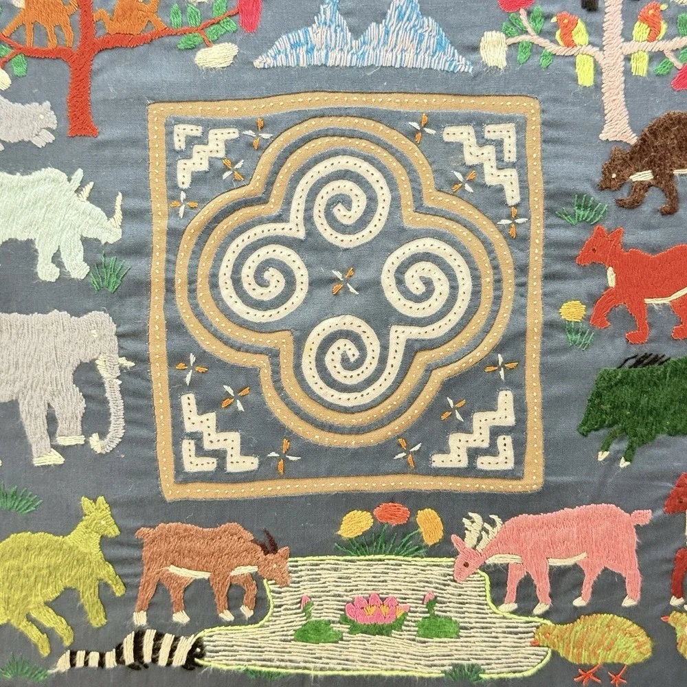Hmong Story Cloth Paj Ntaub Pillow Cover Hand Embroidered Textile Art 18x18